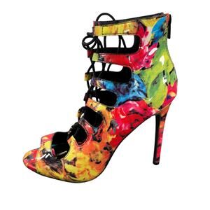 Candies Floral Watercolor Multi Lace-Up Peep Toe High Heel Booties Size 7.5